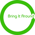 Bring It Around logo:  wide green circular arrow with gap on the right and the words Bring It Around inside it.